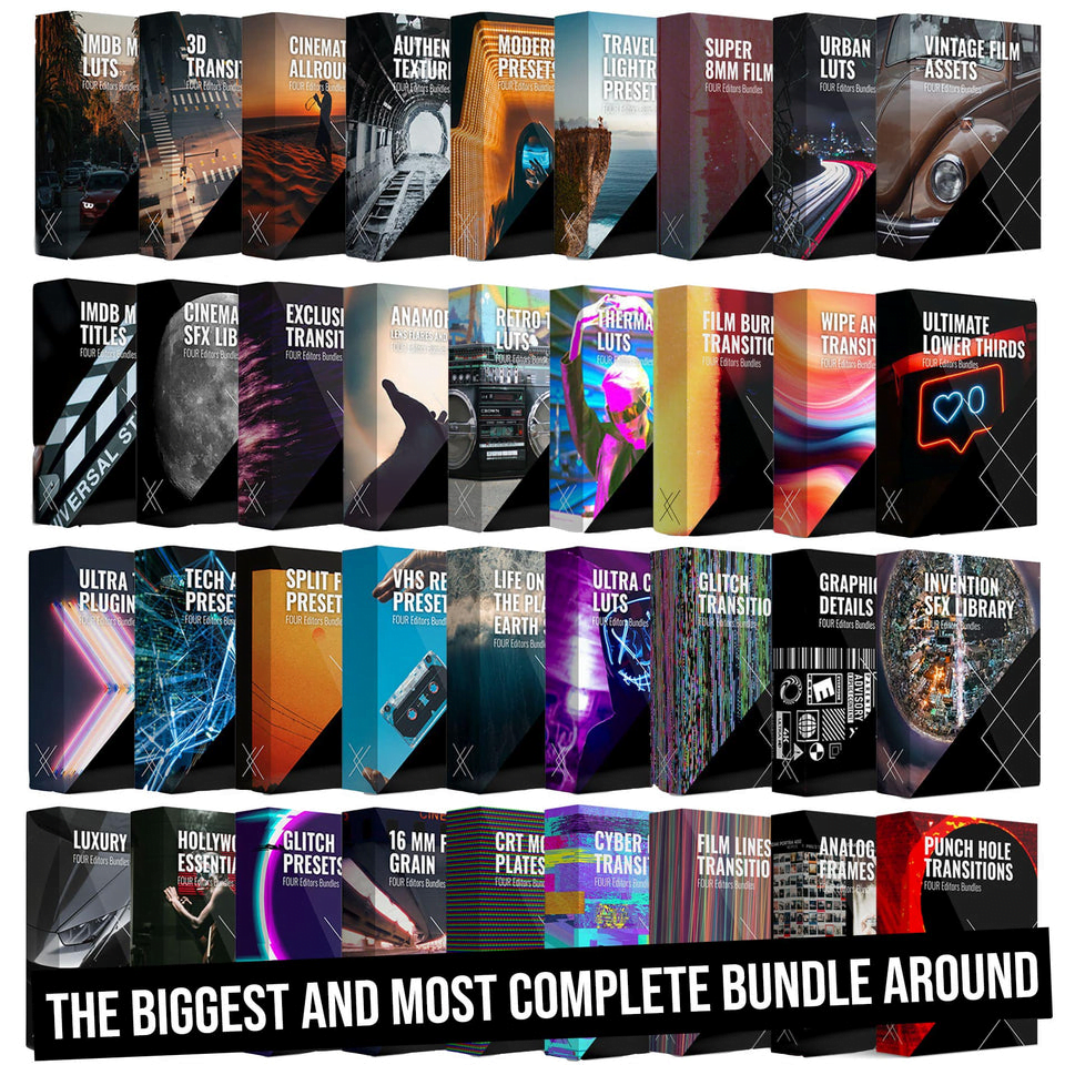 Four Editors – Platinum Bundle 10,000+ LUT 音效 动态图形 叠加 纹理 插件和过渡