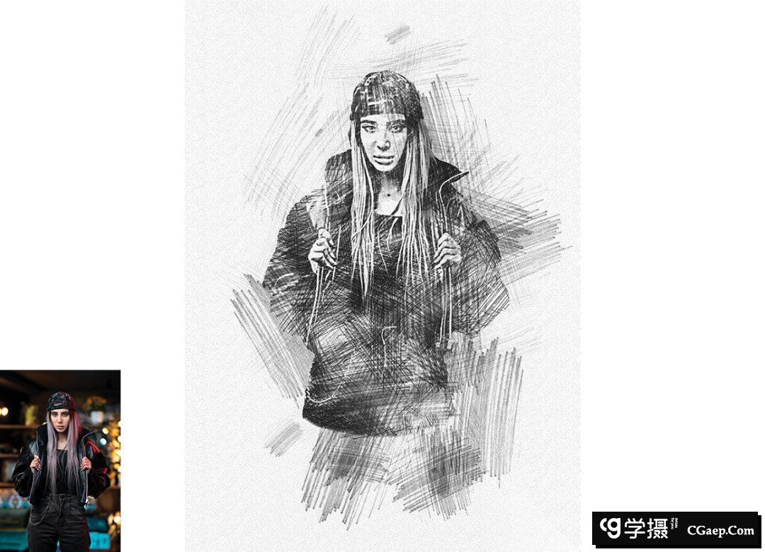 铅笔素描Photoshop动作 Pencil Sketch Photoshop Action 附视频教程