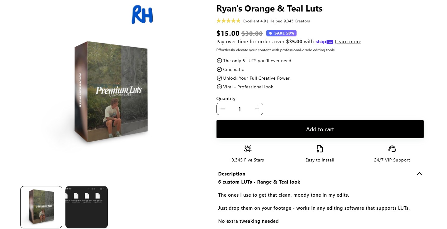 Ryans Orange & Teal Luts 电影级调色预设 Ryan Herrick 6款情绪化风格视频调色