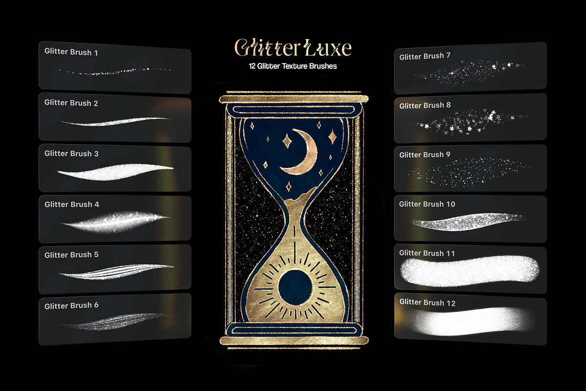 Multi-App闪粉纹理笔刷包｜12支亮片金属粉尘笔刷 PS/AI/Procreate通用 节日设计必备