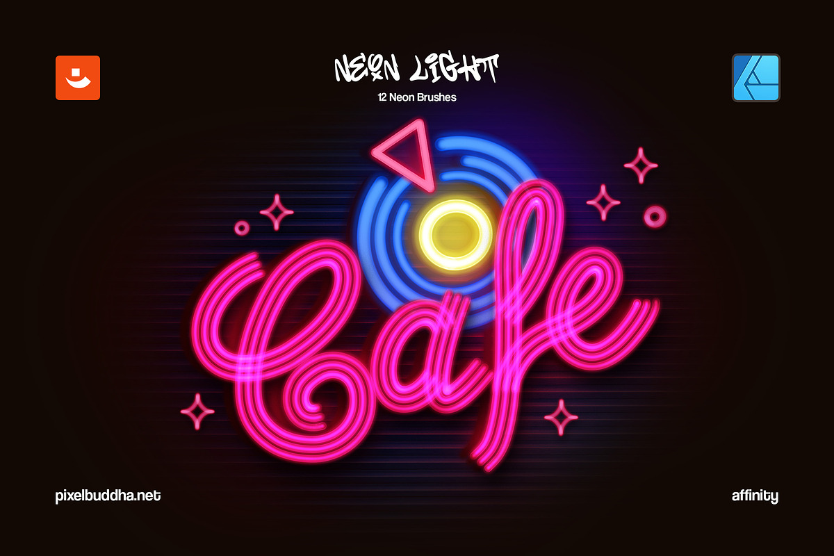 Affinity Designer霓虹灯光画笔12支笔刷套装 含图层样式调色板 插画字体招牌专辑封面设计 Neon Light Affinity Brushes