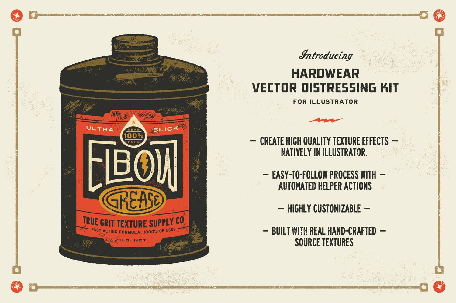 True Grit HARDWEAR AI矢量做旧纹理插件 48种预设+动作 轻松为字体标志添加复古破坏效果