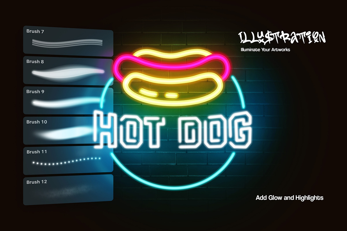 Affinity Designer霓虹灯光画笔12支笔刷套装 含图层样式调色板 插画字体招牌专辑封面设计 Neon Light Affinity Brushes