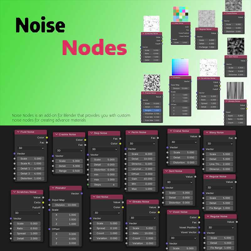 Blender噪声节点插件 Noise Nodes 13种高级材质节点 3D着色器 分形流体体素噪声生成