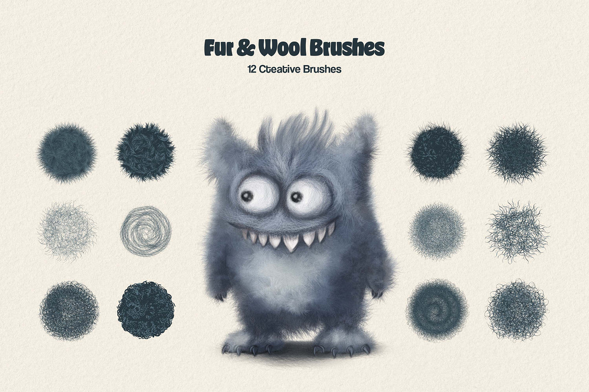 设计笔刷素材 真实毛发质感画笔合集 12支多软件兼容笔刷 PS/AI/Procreate插画素材