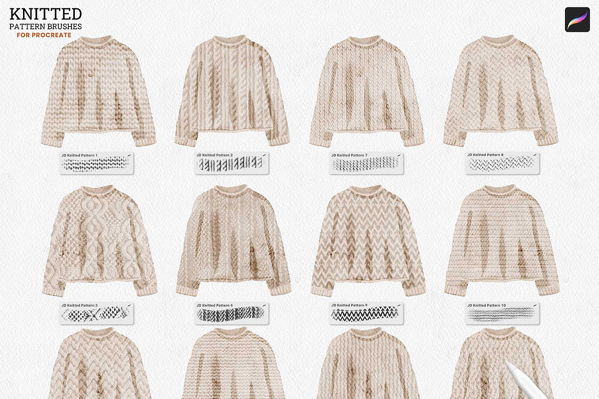 针织图案Procreate笔刷 12款温馨逼真编织纹理画笔 .brushset文件 数字插画服装设计素材