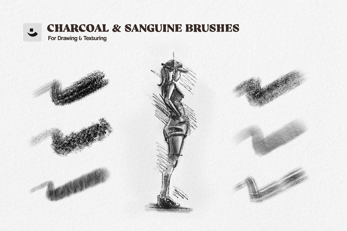 炭笔素描笔刷套装 Charcoal Brushes 10支+涂抹混色 纸纹质感 JPG PS Procreate Multi-App Charcoal Sketch Brushes