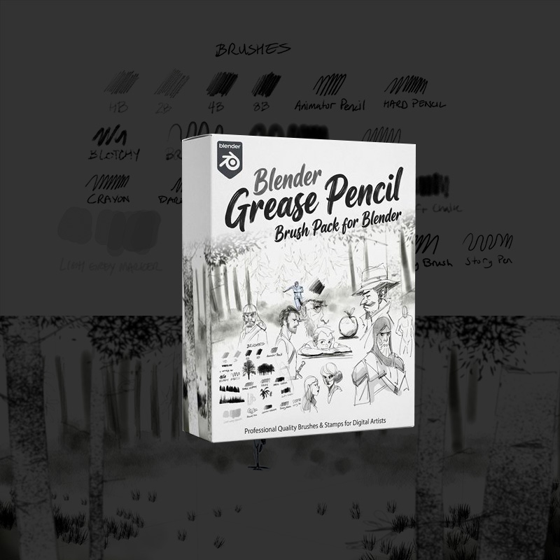 Blender笔刷插件 油脂铅笔GP笔刷包 故事板分镜角色素描设计素材 树木邮票图像纹理笔刷