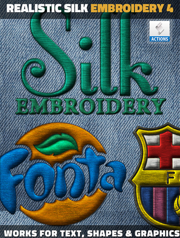 PS丝绸刺绣动作插件 逼真毛线缝纫针法文字Logo特效设计素材 Silk Embroidery Effect Photoshop Action