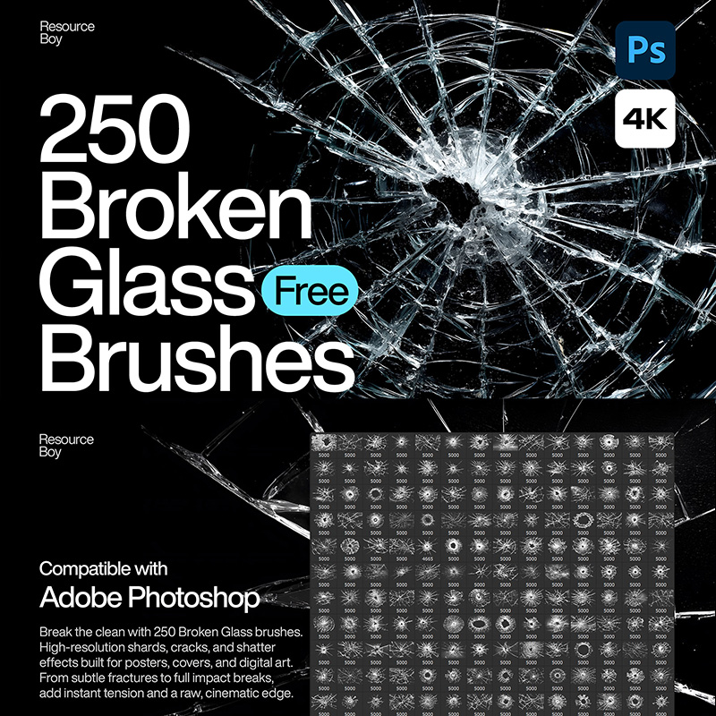 250个破碎玻璃Photoshop笔刷 裂纹划痕断裂细节逼真 PS笔刷包 海报广告设计特效素材
