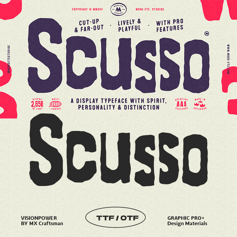 Scusso复古剪贴字体家族2650字形8种字符替代 手工感海报专辑书籍封面包装设计字体 MyFonts - Scusso Font Family