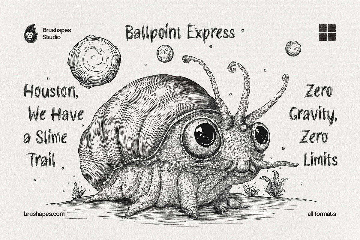 圆珠笔手绘笔刷 AI矢量笔刷模拟墨水干涸扩散 10支+2纸张纹理 插画手账设计素材包