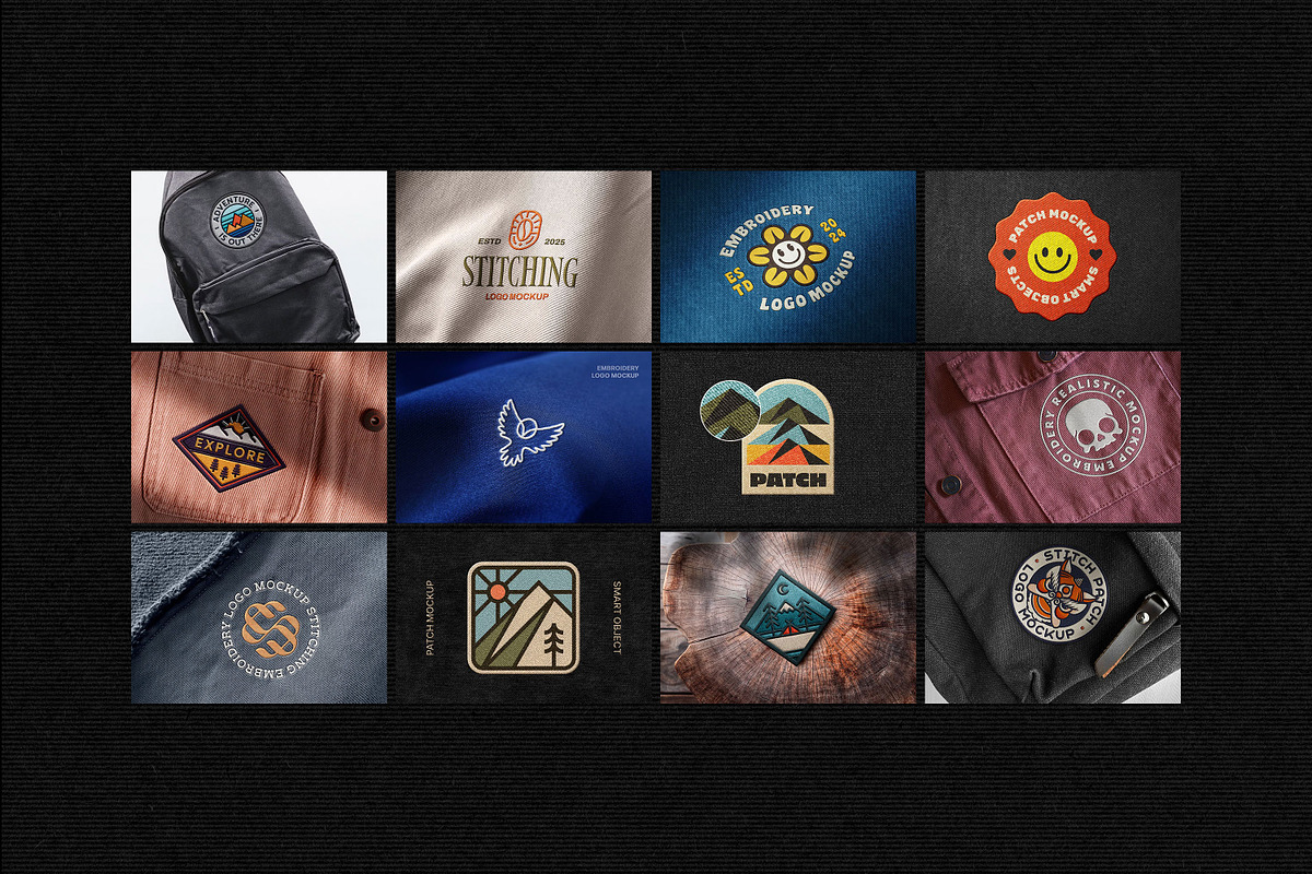 刺绣模型PSD样机12合1套装服装徽章补丁标志品牌展示设计分层可编辑PSD素材 Embroidery Mockups: 12-in-1 Bundle