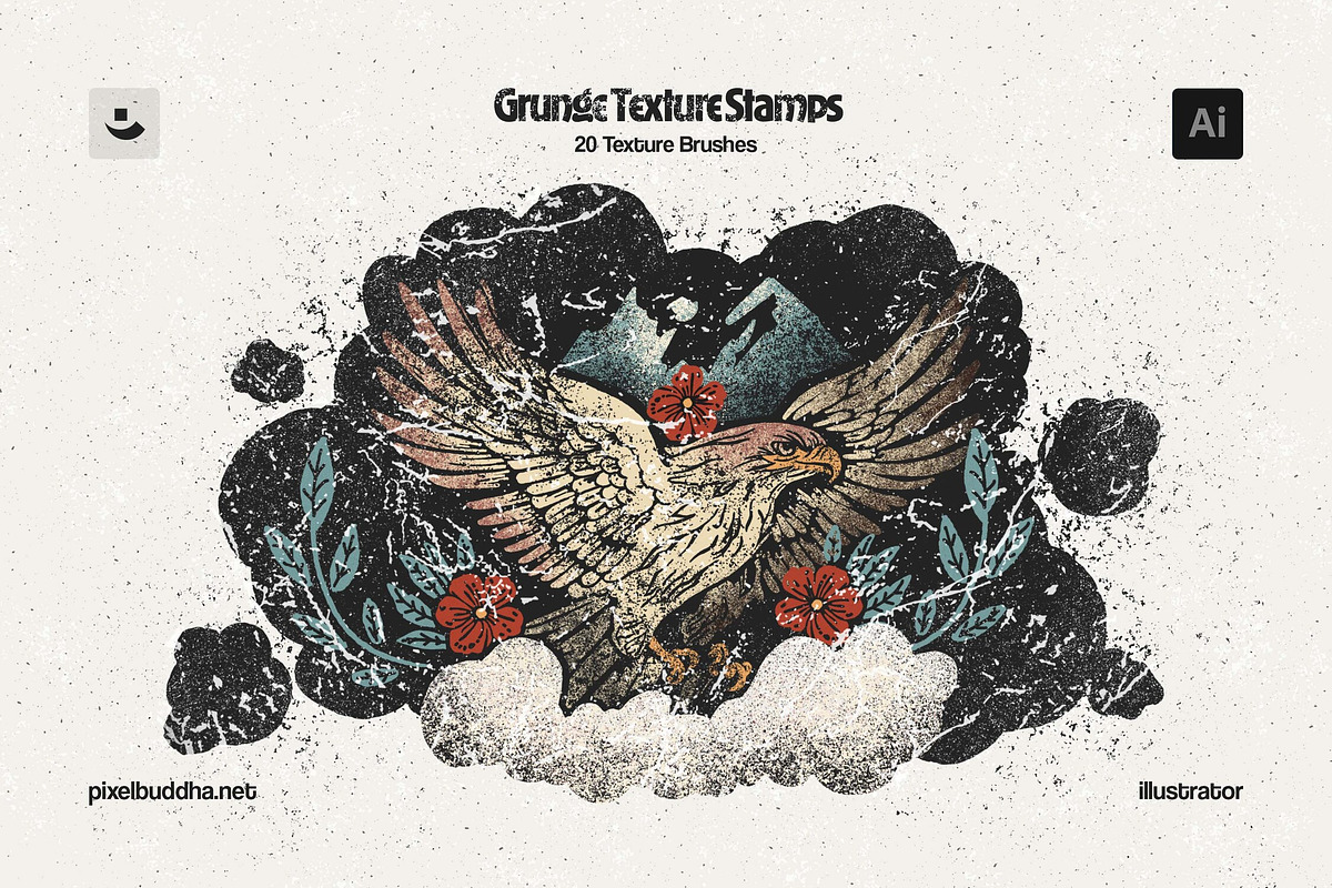 Grunge Stamp复古磨损AI笔刷20支 Illustrator纹理印章 划痕油漆裂纹斑点垃圾摇滚效果Grunge Stamp Illustrator Brushes