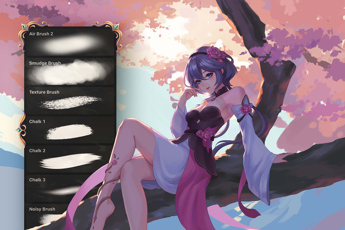 蜡笔风格笔刷 圆珠笔质感RPG视觉概念艺术画笔 10支+2纸张纹理 多软件矢量笔刷包