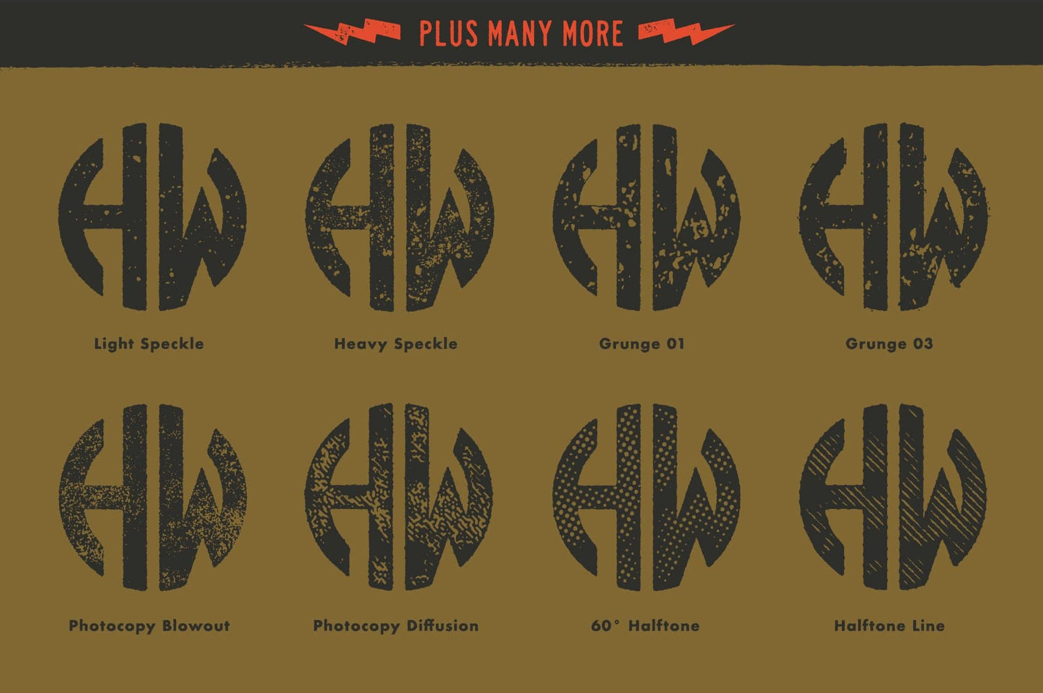 True Grit HARDWEAR AI矢量做旧纹理插件 48种预设+动作 轻松为字体标志添加复古破坏效果